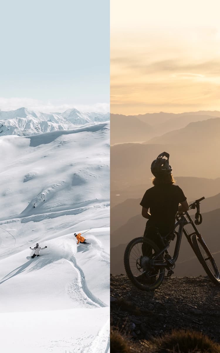 Sunset mountain biking in summer and carving fresh powder in winter at Cardrona, showcasing the ultimate year-round adventure destination.