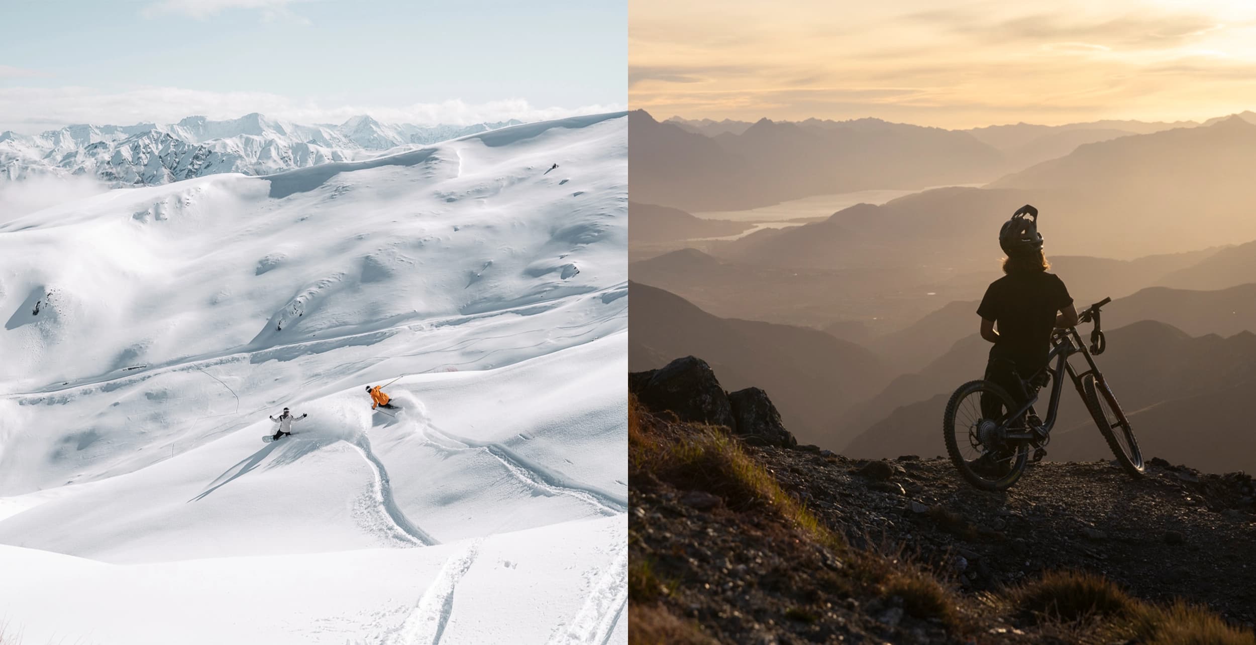 Sunset mountain biking in summer and carving fresh powder in winter at Cardrona, showcasing the ultimate year-round adventure destination.