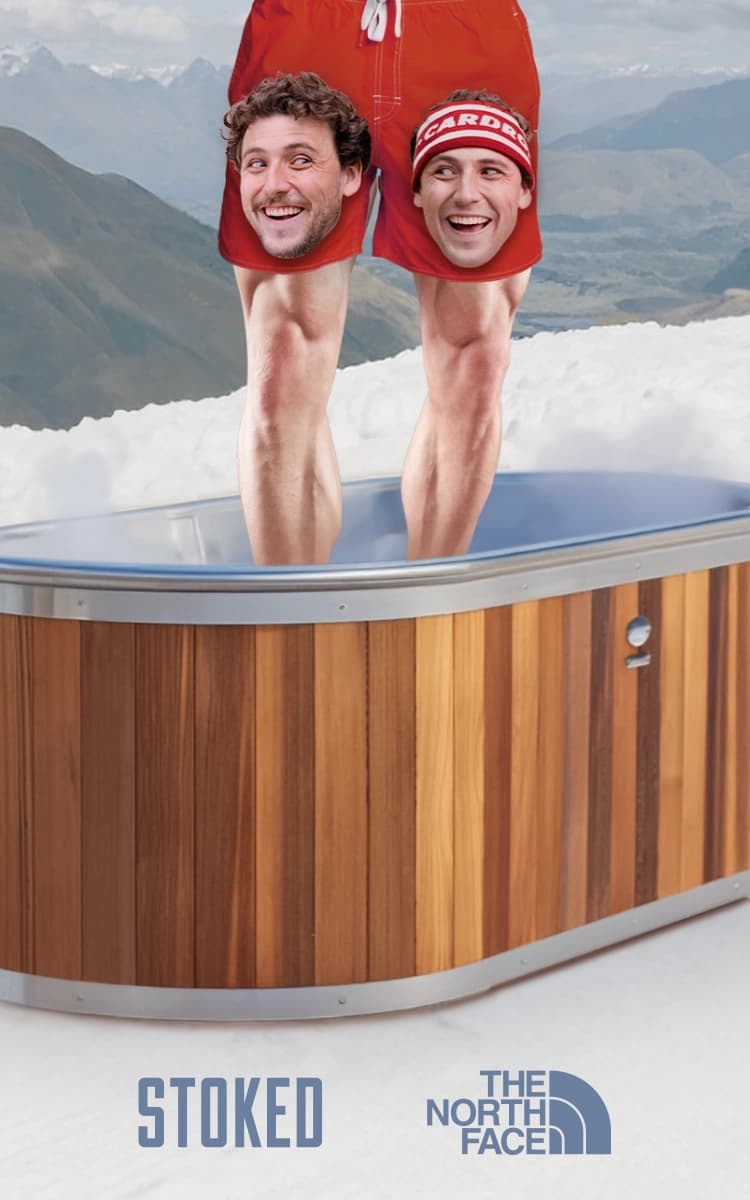 Animated image of a hot-tub outside no a snowy mountain with a pair of legs with superimposed smiling faces on top.